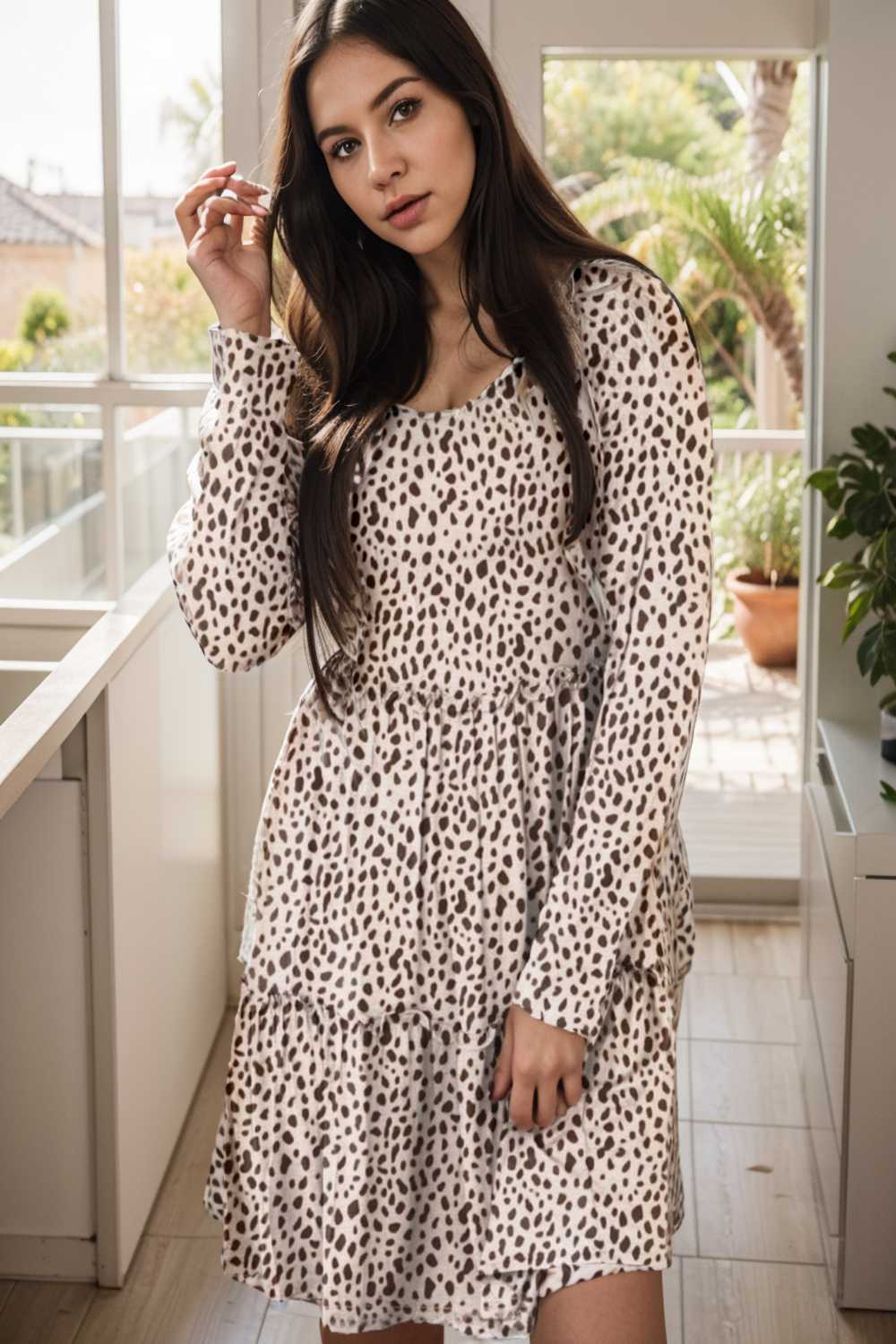 loose leopard print v neck dress drop shoulder a line closed cape paneled 109045