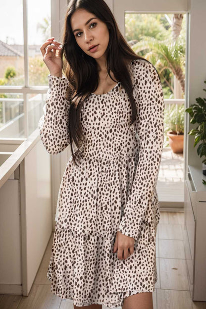 loose leopard print v neck dress drop shoulder a line closed cape paneled 109045