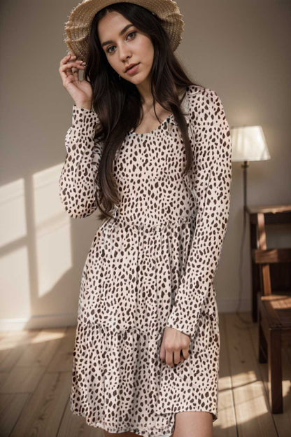 loose leopard print v neck dress drop shoulder a line closed cape paneled 127166