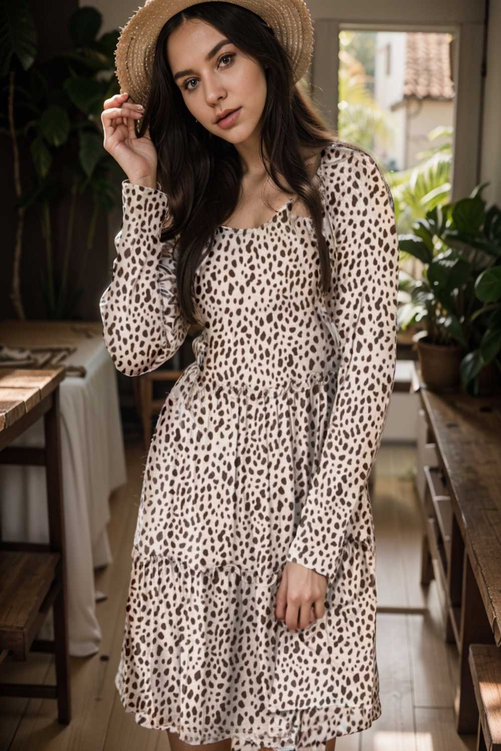 loose leopard print v neck dress drop shoulder a line closed cape paneled 134160