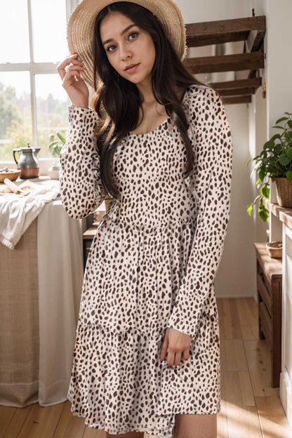 loose leopard print v neck dress drop shoulder a line closed cape paneled 105144