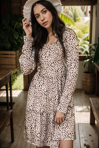 loose leopard print v neck dress drop shoulder a line closed cape paneled 135995