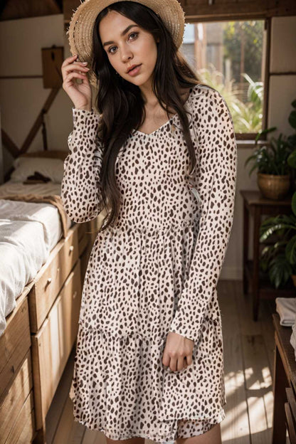 loose leopard print v neck dress drop shoulder a line closed cape paneled 106459