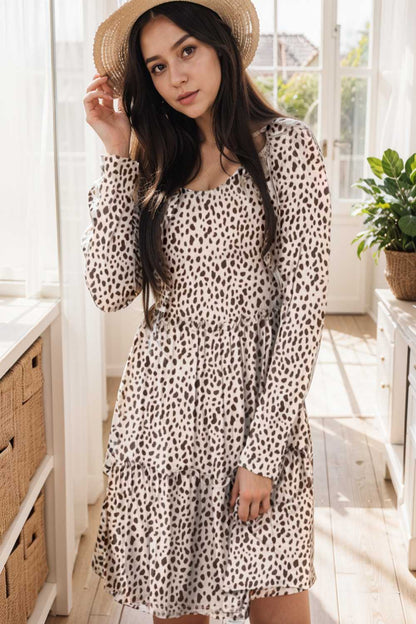 loose leopard print v neck dress drop shoulder a line closed cape paneled 133181