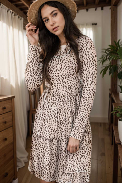 loose leopard print v neck dress drop shoulder a line closed cape paneled 110876