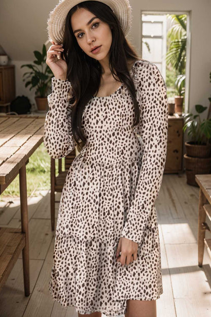 loose leopard print v neck dress drop shoulder a line closed cape paneled 127548