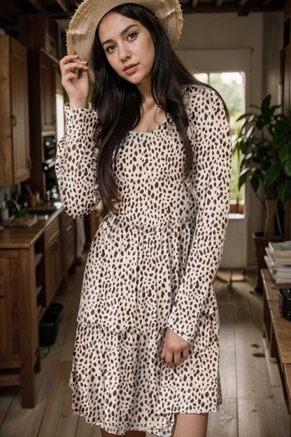loose leopard print v neck dress drop shoulder a line closed cape paneled 133324