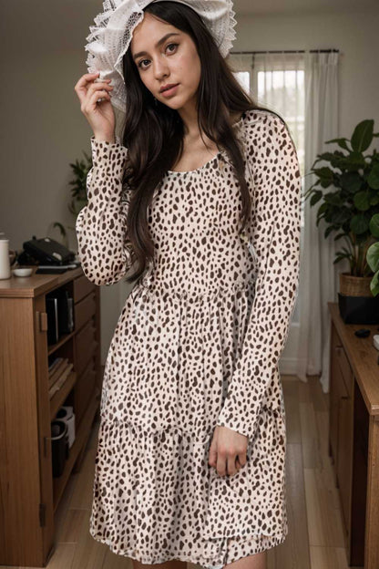 loose leopard print v neck dress drop shoulder a line closed cape paneled 105142