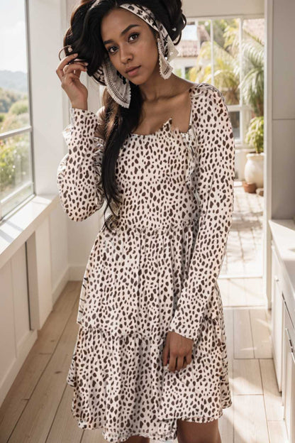 loose leopard print v neck dress drop shoulder a line closed cape paneled 105141