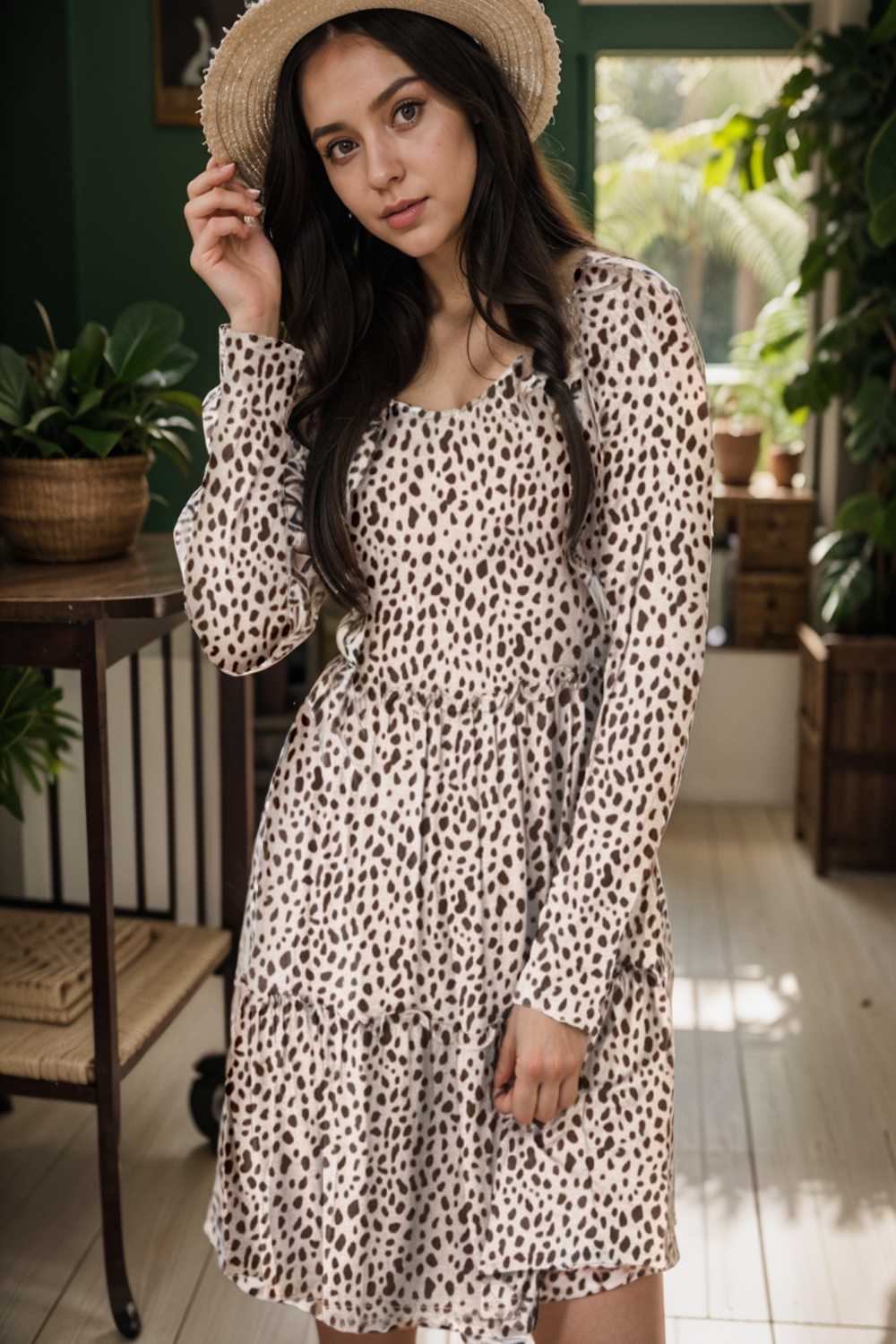 loose leopard print v neck dress drop shoulder a line closed cape paneled 105140