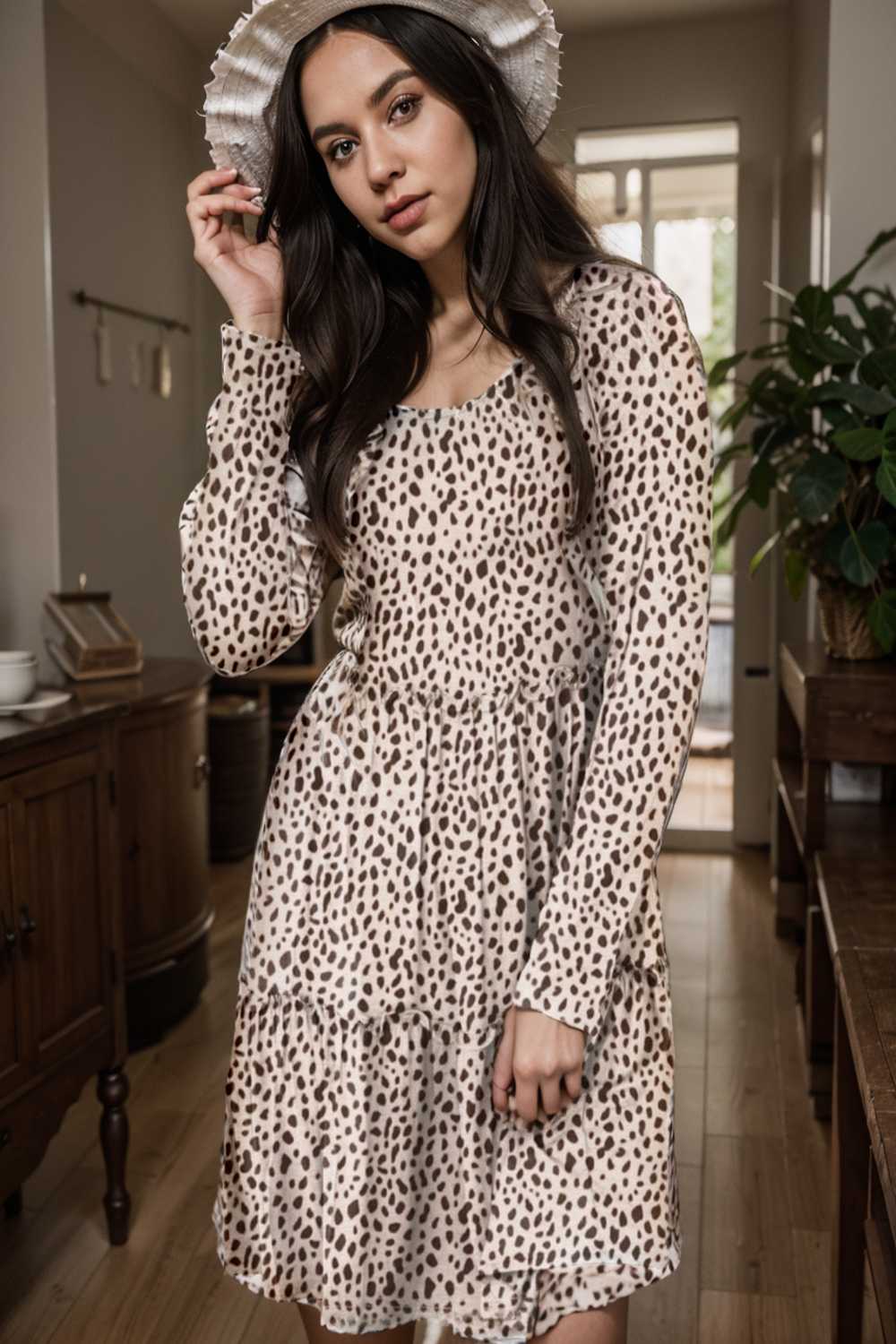 loose leopard print v neck dress drop shoulder a line closed cape paneled 106456