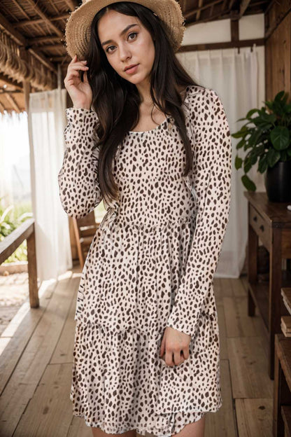 loose leopard print v neck dress drop shoulder a line closed cape paneled 133178