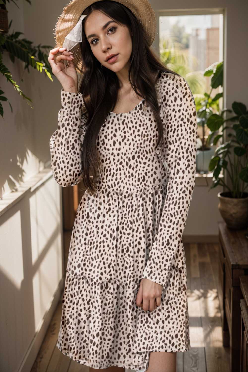loose leopard print v neck dress drop shoulder a line closed cape paneled 106455