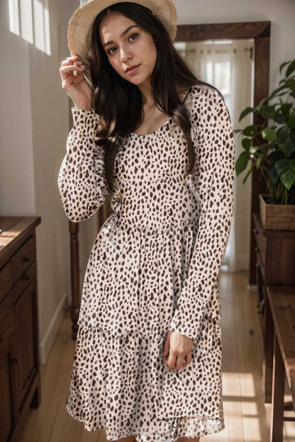 loose leopard print v neck dress drop shoulder a line closed cape paneled 133321