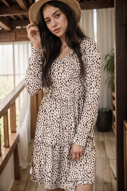 loose leopard print v neck dress drop shoulder a line closed cape paneled 133177