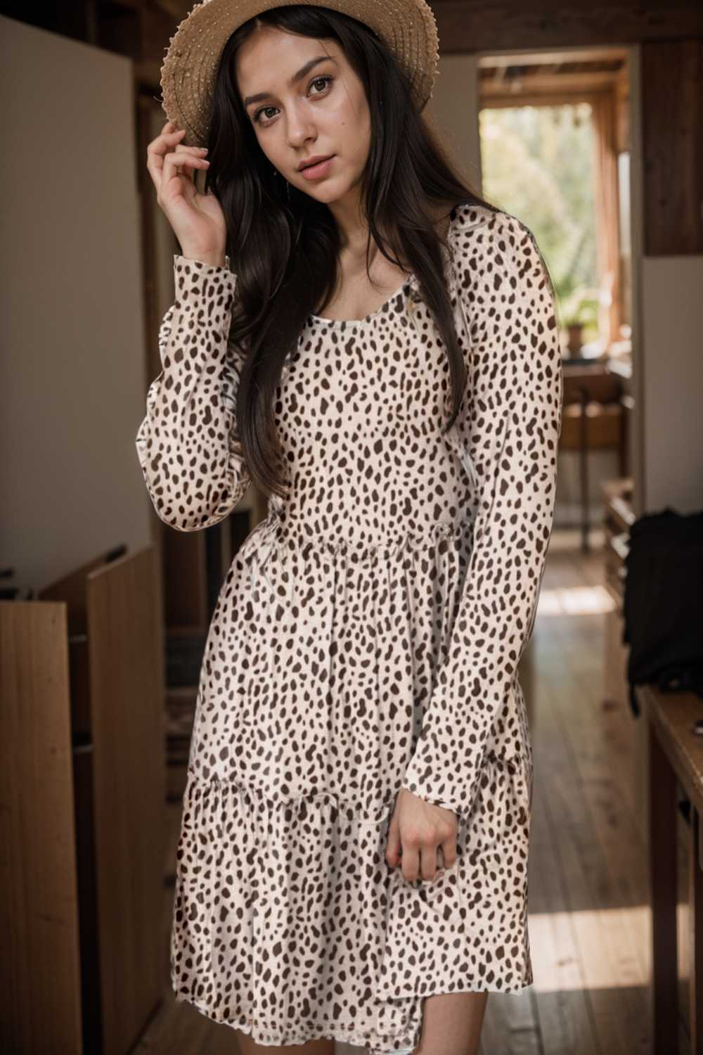 loose leopard print v neck dress drop shoulder a line closed cape paneled 105138