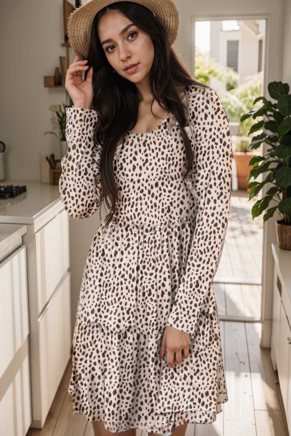 loose leopard print v neck dress drop shoulder a line closed cape paneled 105137