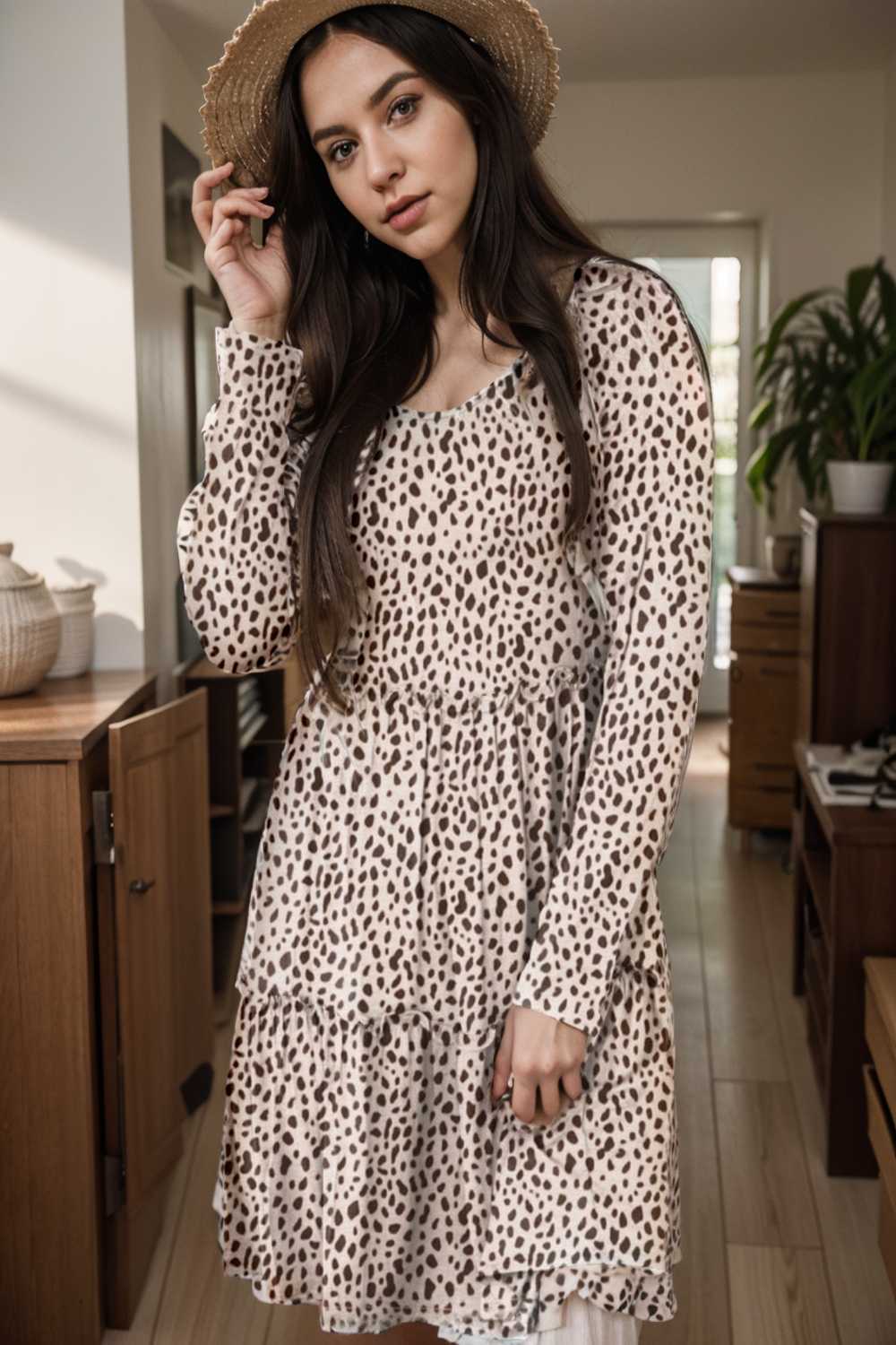 loose leopard print v neck dress drop shoulder a line closed cape paneled 106452