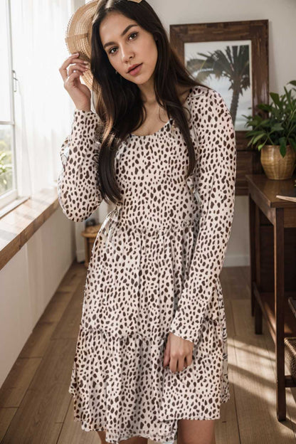 loose leopard print v neck dress drop shoulder a line closed cape paneled 113792