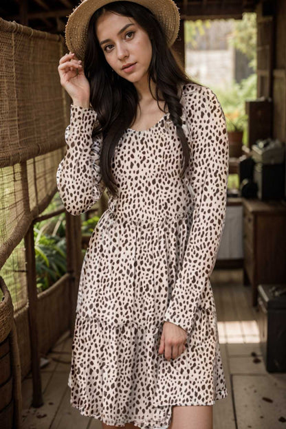 loose leopard print v neck dress drop shoulder a line closed cape paneled 133317