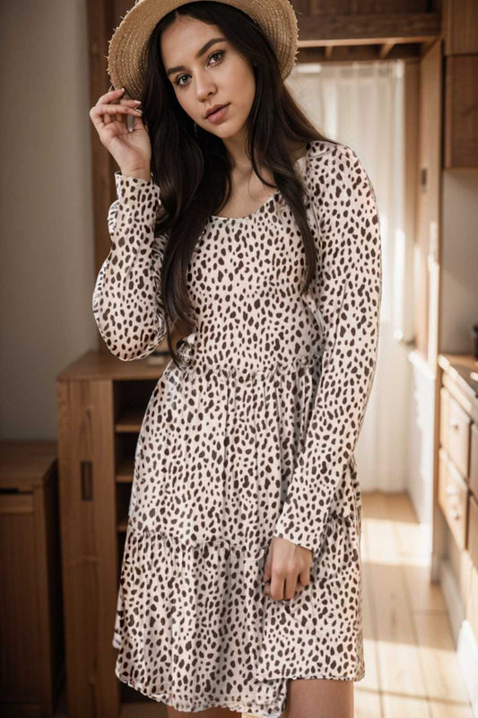 loose leopard print v neck dress drop shoulder a line closed cape paneled 127492