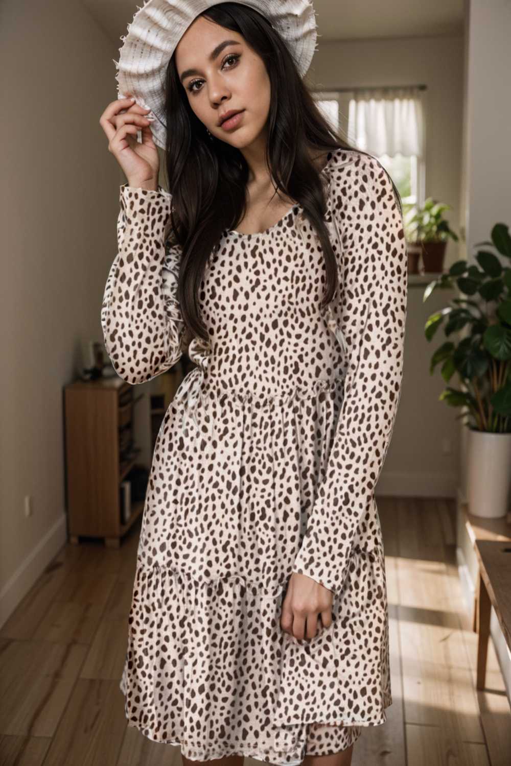 loose leopard print v neck dress drop shoulder a line closed cape paneled 106451