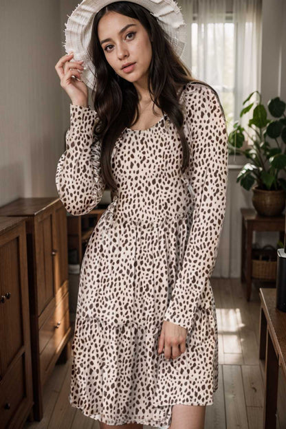 loose leopard print v neck dress drop shoulder a line closed cape paneled 133316