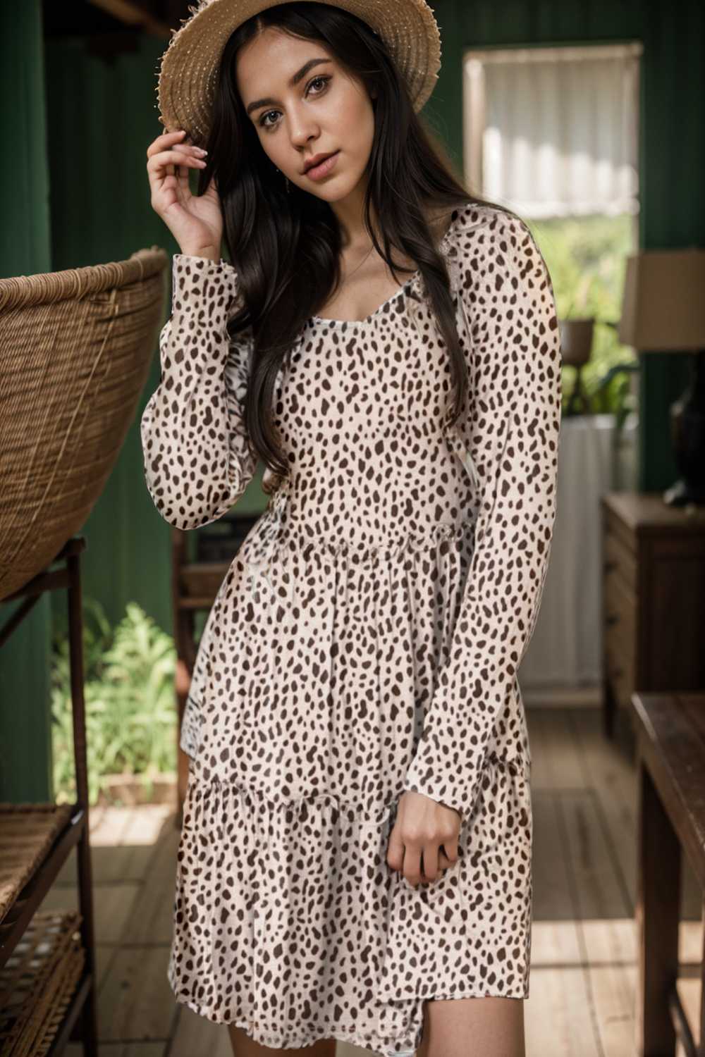loose leopard print v neck dress drop shoulder a line closed cape paneled 106450