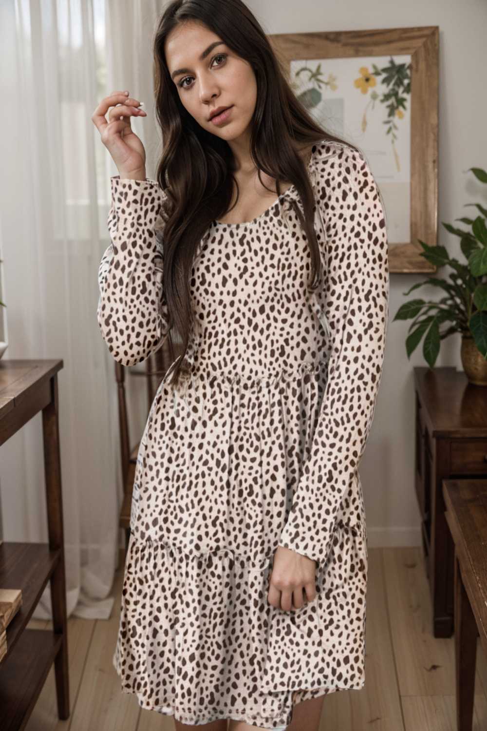 loose leopard print v neck dress drop shoulder a line closed cape paneled 106449