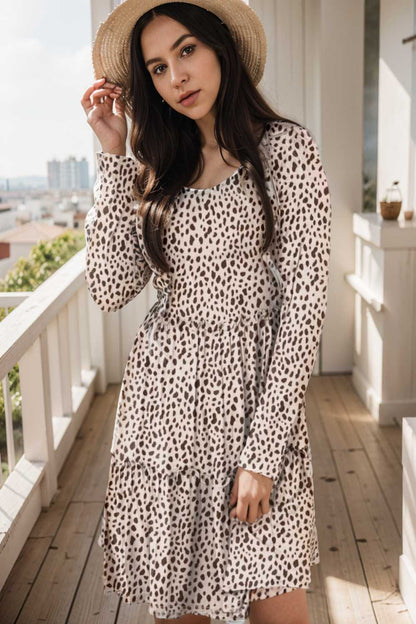 loose leopard print v neck dress drop shoulder a line closed cape paneled 127155