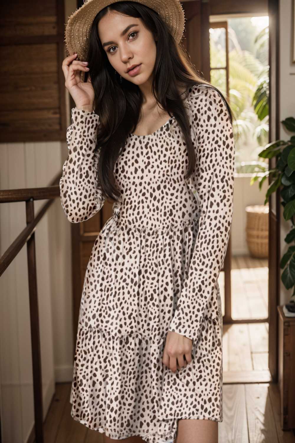loose leopard print v neck dress drop shoulder a line closed cape paneled 106447