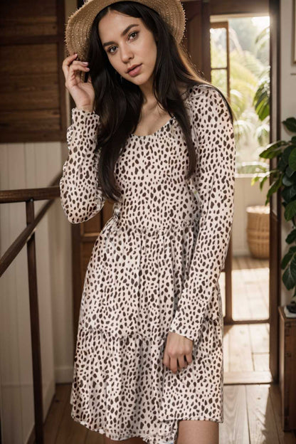 loose leopard print v neck dress drop shoulder a line closed cape paneled 106447
