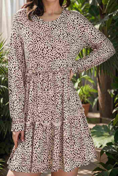 loose leopard print v neck dress drop shoulder a line closed cape paneled 118810