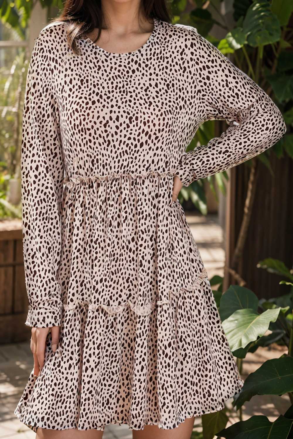 loose leopard print v neck dress drop shoulder a line closed cape paneled 133102