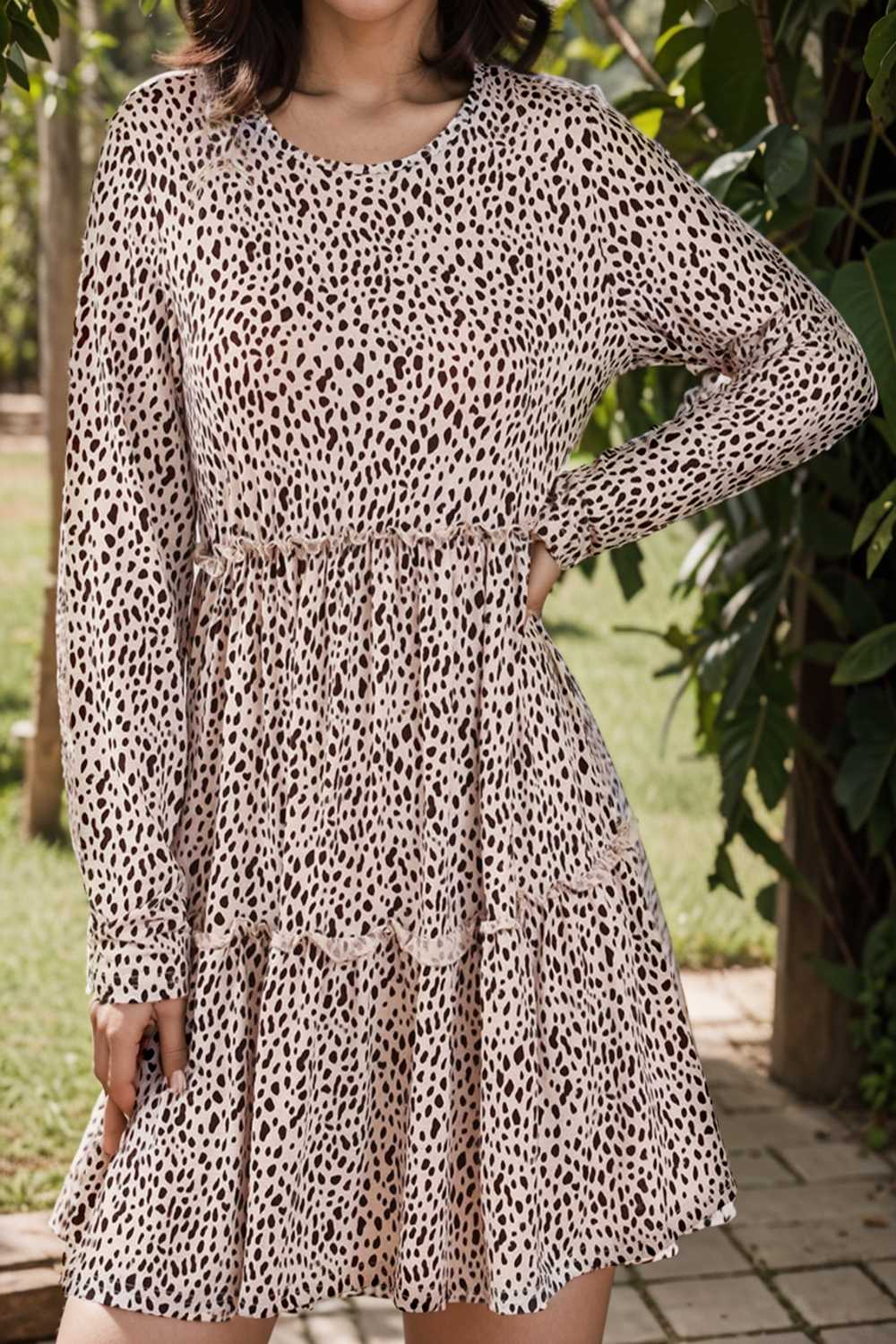 loose leopard print v neck dress drop shoulder a line closed cape paneled 106644