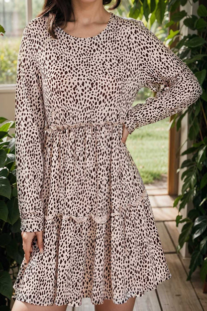 loose leopard print v neck dress drop shoulder a line closed cape paneled 136572