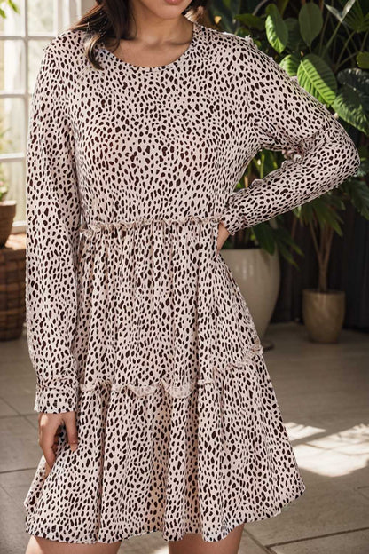 loose leopard print v neck dress drop shoulder a line closed cape paneled 106446