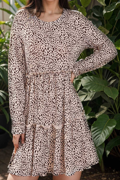 loose leopard print v neck dress drop shoulder a line closed cape paneled 115549