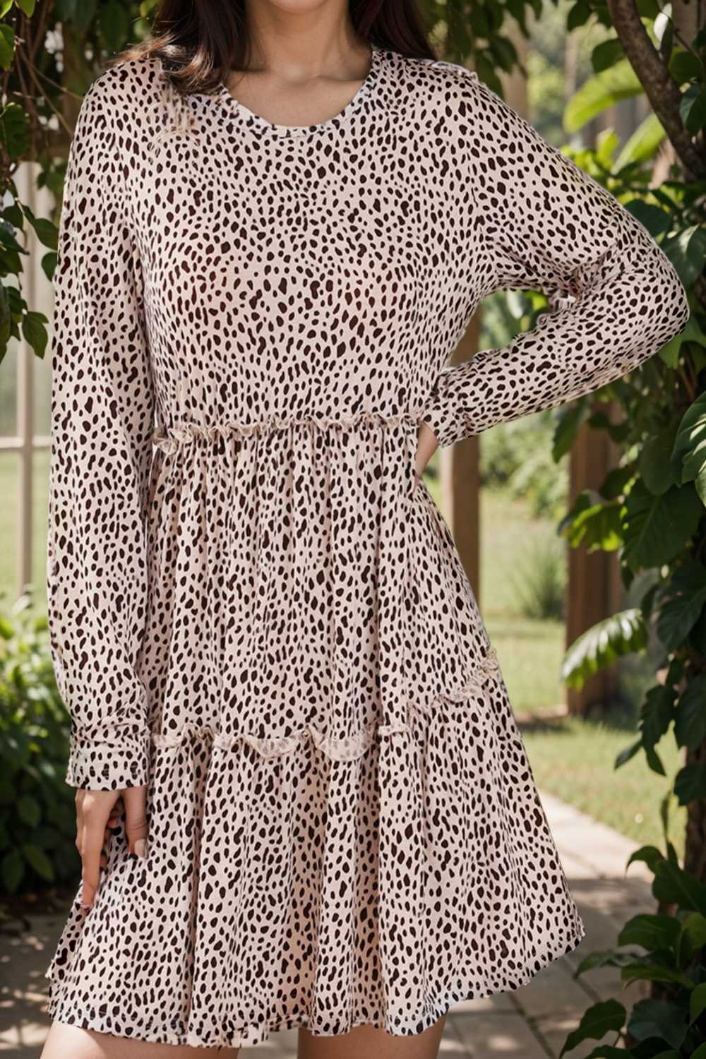 loose leopard print v neck dress drop shoulder a line closed cape paneled 105136
