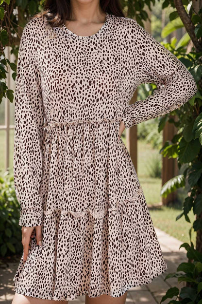 loose leopard print v neck dress drop shoulder a line closed cape paneled 105136