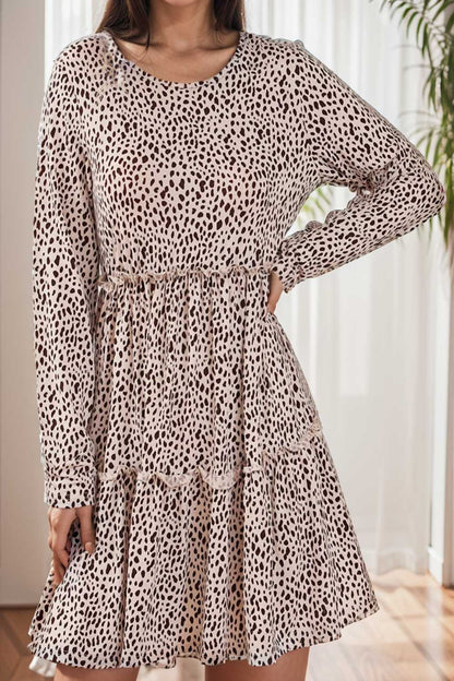 loose leopard print v neck dress drop shoulder a line closed cape paneled 110875