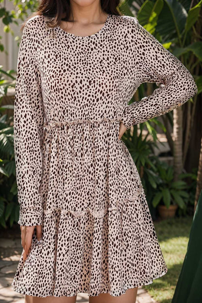 loose leopard print v neck dress drop shoulder a line closed cape paneled 141715