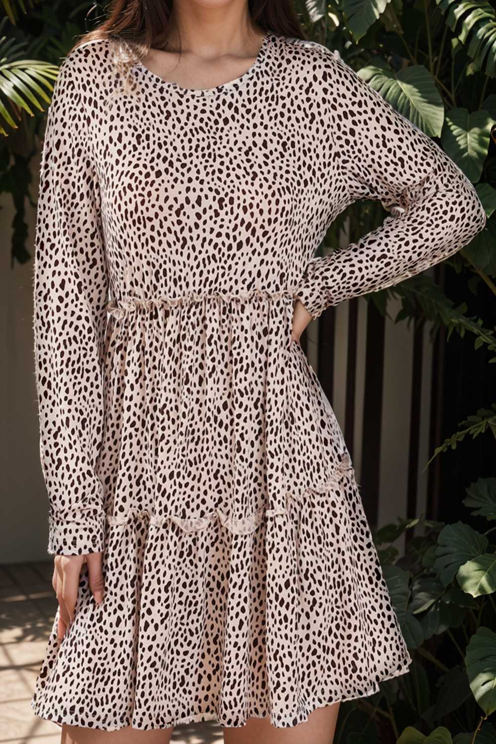 loose leopard print v neck dress drop shoulder a line closed cape paneled 108935