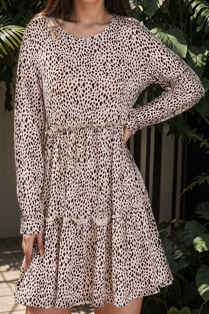 loose leopard print v neck dress drop shoulder a line closed cape paneled 108935