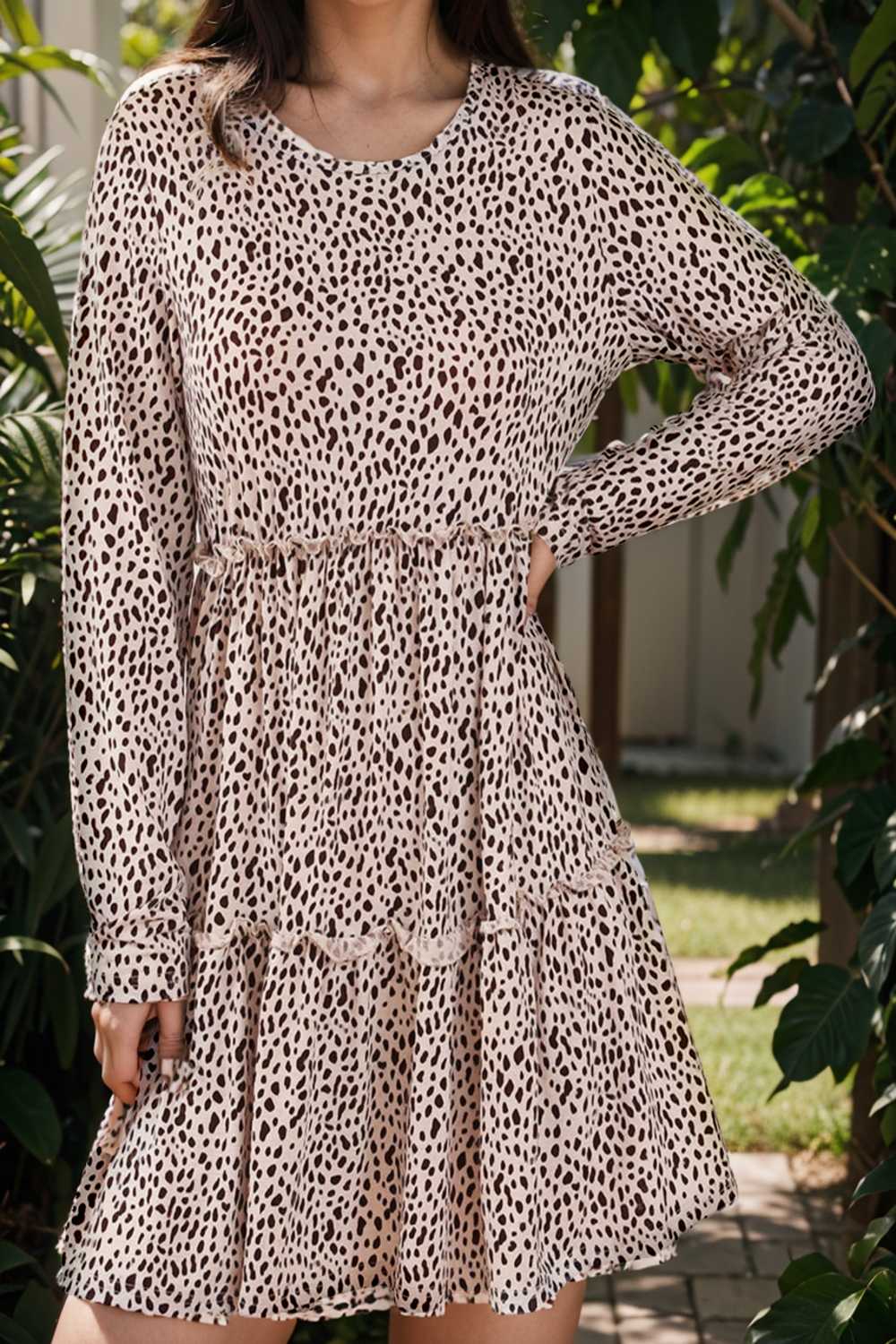 loose leopard print v neck dress drop shoulder a line closed cape paneled 129662