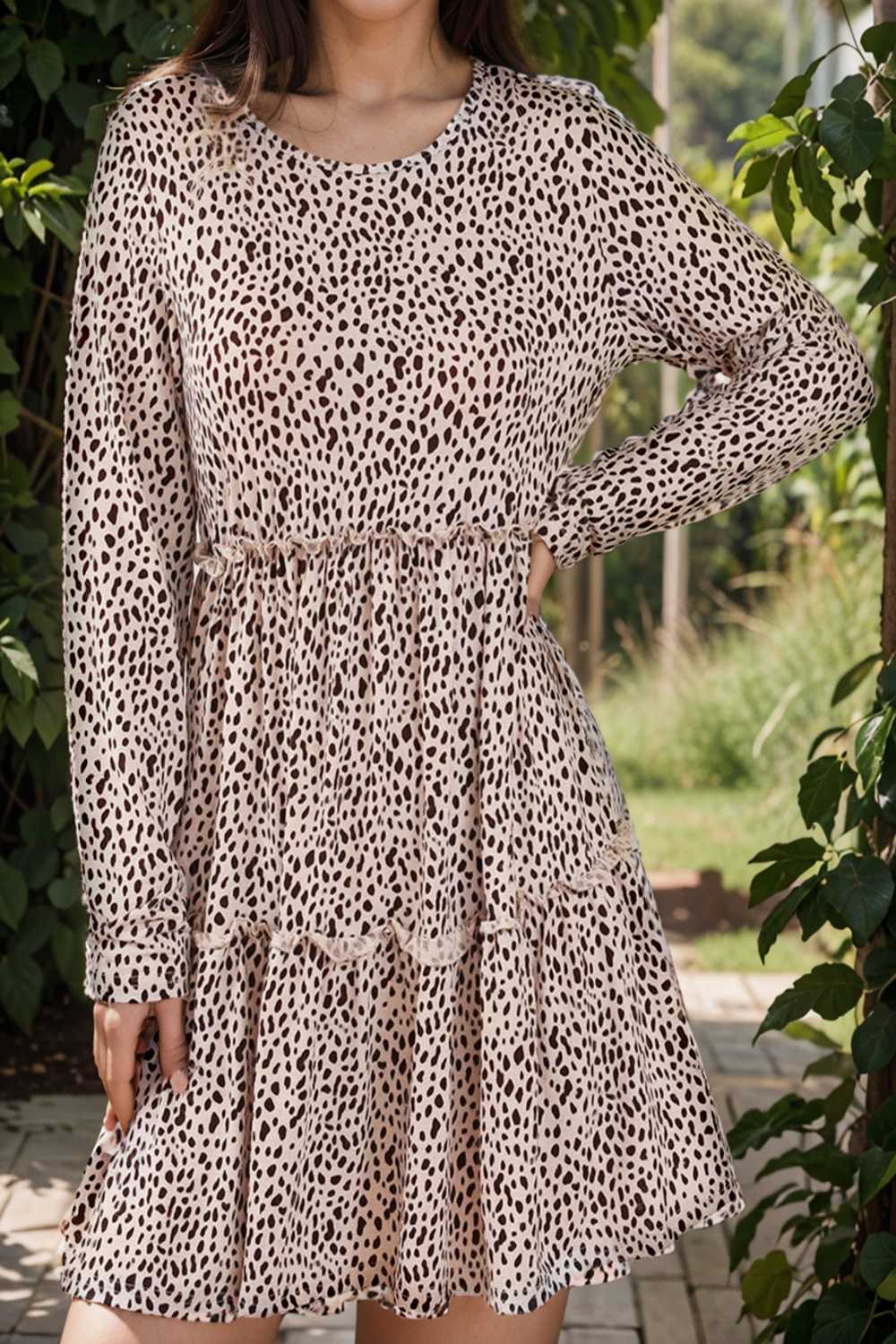 loose leopard print v neck dress drop shoulder a line closed cape paneled 105135
