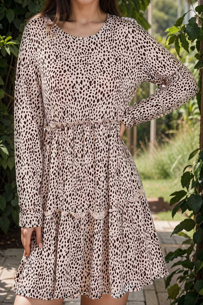 loose leopard print v neck dress drop shoulder a line closed cape paneled 105135