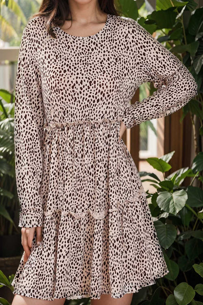 loose leopard print v neck dress drop shoulder a line closed cape paneled 127483