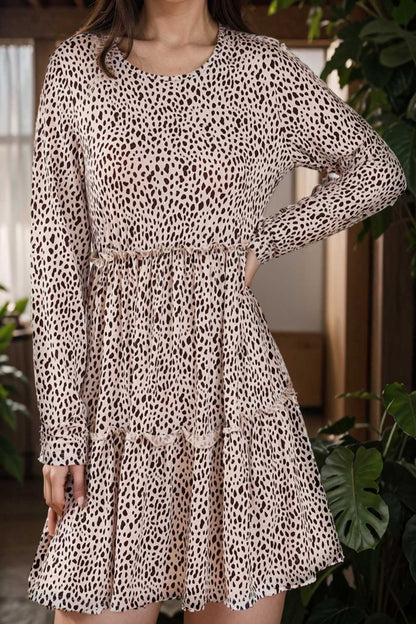 loose leopard print v neck dress drop shoulder a line closed cape paneled 122870