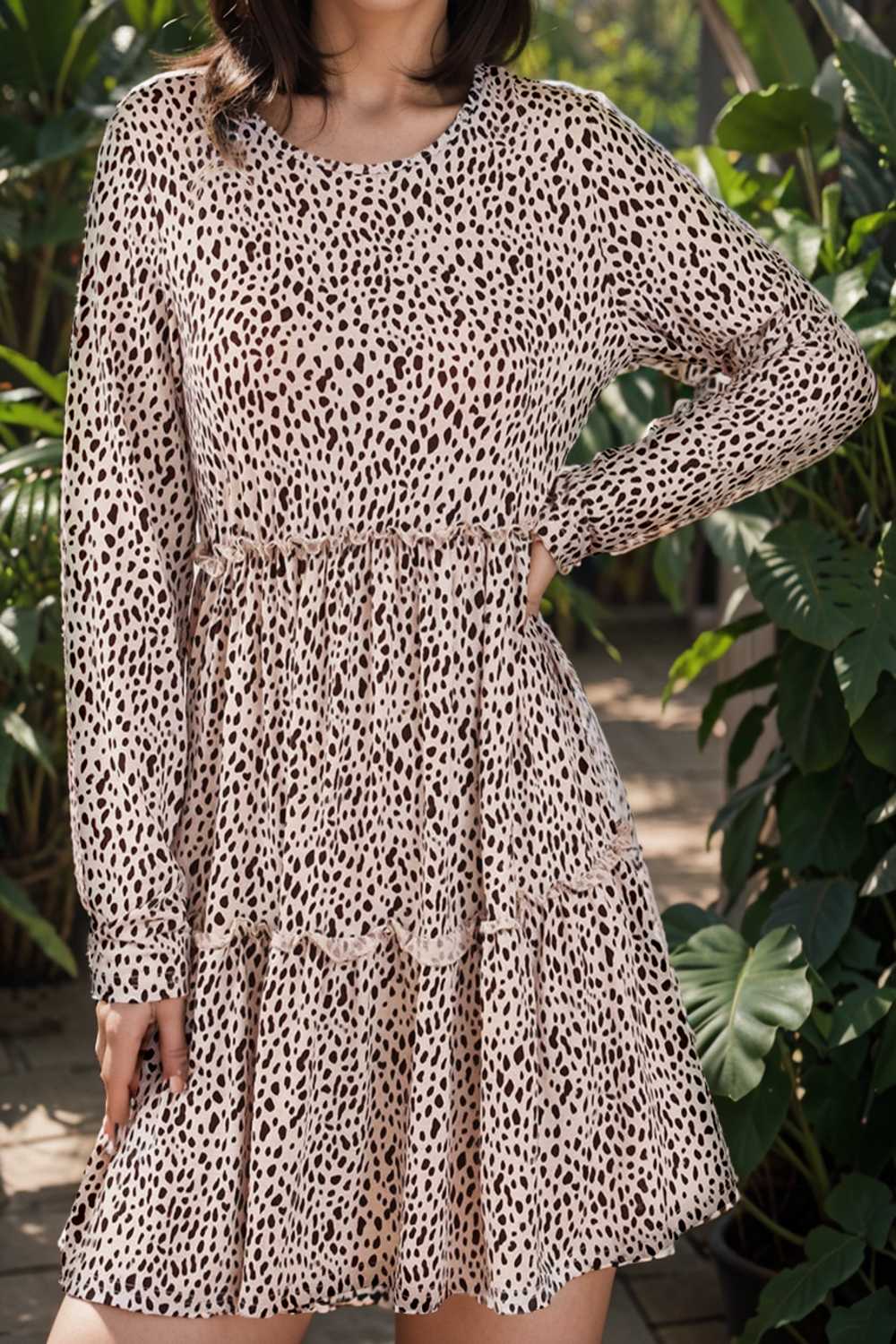 loose leopard print v neck dress drop shoulder a line closed cape paneled 141896